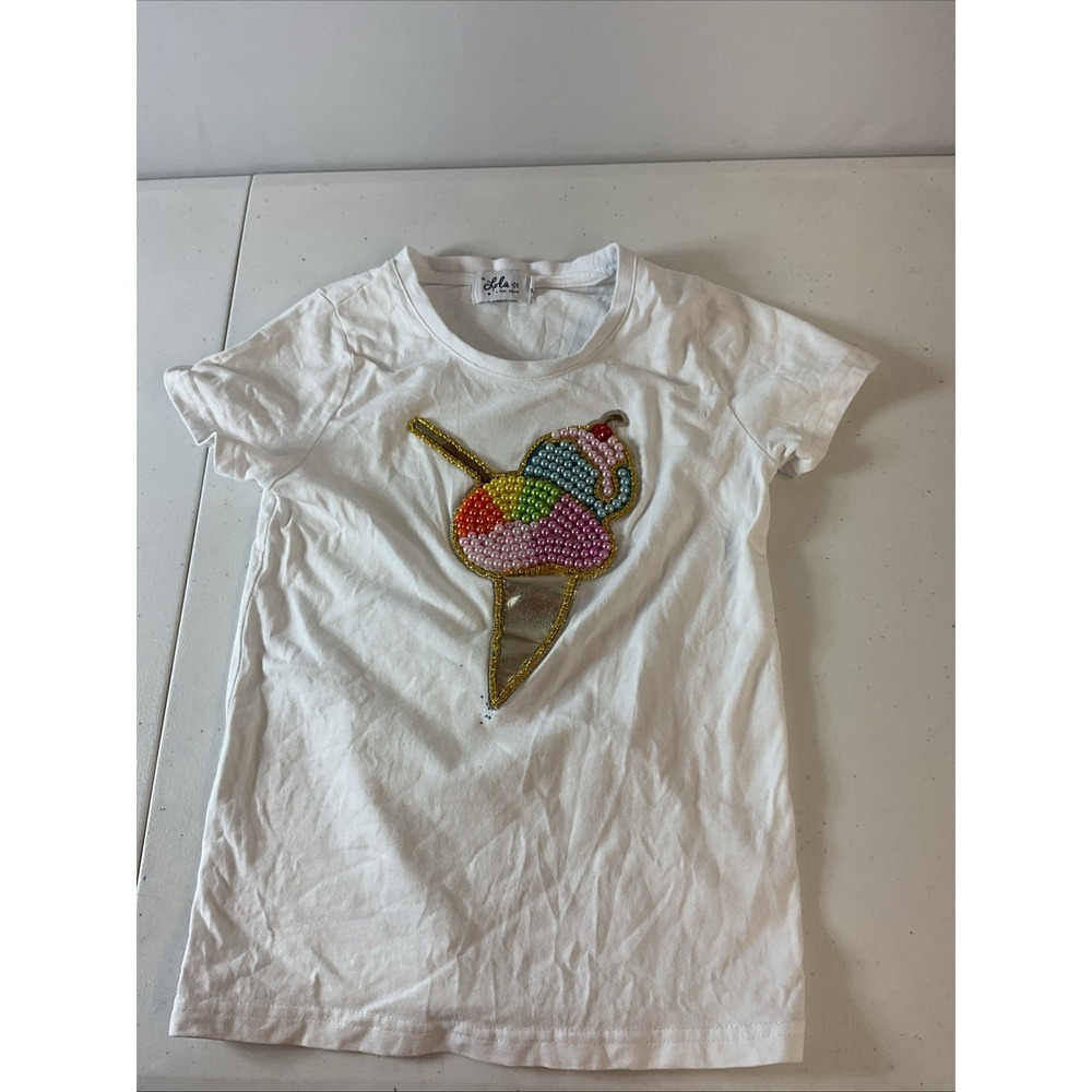 LOLA + THE BOYS Ice Cream GEMS Beaded White  T Shirt sz 8